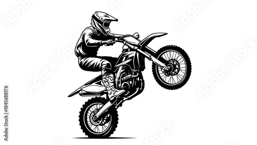 Motocross Rider Performing Wheelie Stunt – Extreme Dirt Bike Action Silhouette Illustration