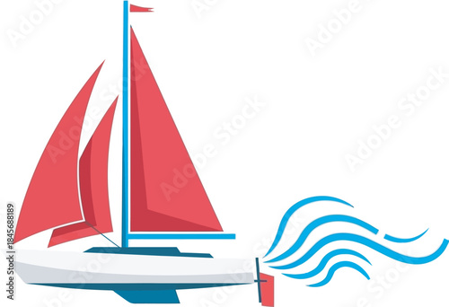 Flat design sailboat vector collection featuring red/blue sails and dynamic wind/water lines, representing speed and travel. Ideal for nautical, vacation, marine sports, and adventure branding.