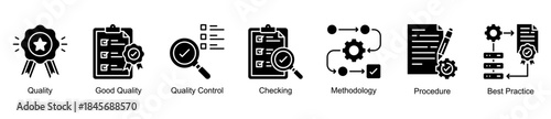 Quality and methodology web banner icon vector illustration for process excellence with quality control, checking, good quality, procedures, best practices, and methodology icons.