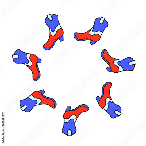 Cute round frame with doodle cowboy boots isolated on white background.