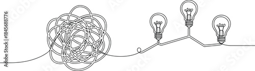 Simple Continuous Line Art of Knotty Problem Wires and Solution Bulb.