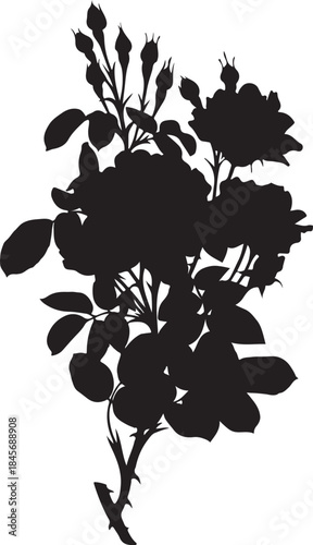 Black and white floral illustration of flowers and leaves on a tree branch in a vintage sketch style