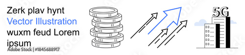Business growth, economic analysis, technology evolution, 5G communication, market trends, innovation. Stacked coins, upward arrows and a 5G signal tower. Economic analysis and market trends