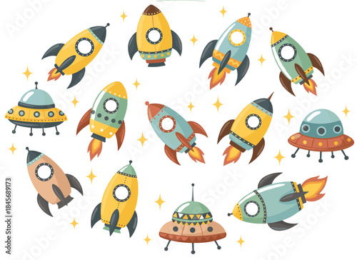Cute Cartoon Space Rockets and UFOs Vector Collection in a Circular Layout with Stars, Ideal for Kids' Birthday Party Decorations