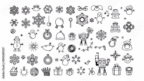 Hand-drawn doodle animation with alpha channel on transparent background featuring winter robots, snowmen and creative holiday symbols.
