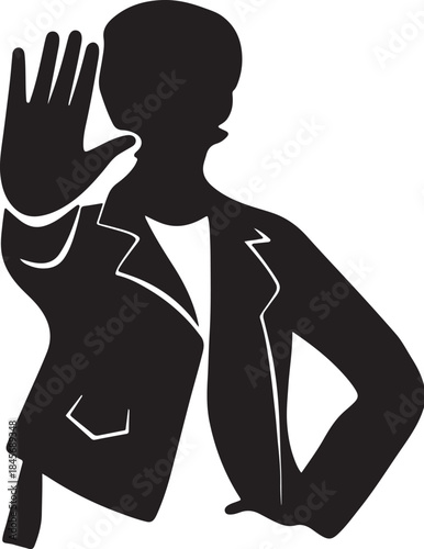 Silhouette of stop gesture: A stark silhouette captures a person in mid-action, their hand raised in a decisive stop gesture.