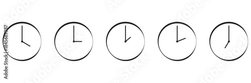 Set of round clocks faces, stopwatch with different time. Clock hands icons.Time simple graphic circle sign, symbol. Watch face illustration. Noon, morning, evening time watch patterns. Hour icon