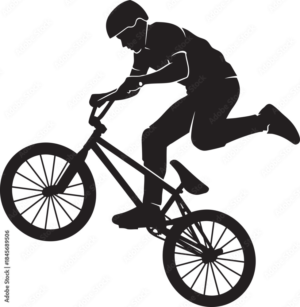 Fototapeta premium Dynamic black silhouette of a BMX rider performing a jump or trick, capturing the essence of action sports, extreme cycling, urban culture, and freestyle biking. Perfect vector graphic for apparel.