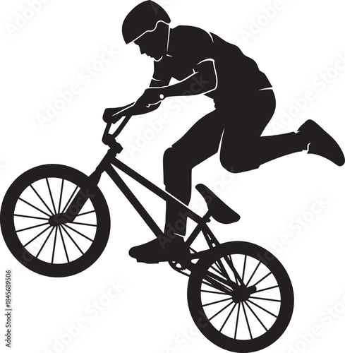 Dynamic black silhouette of a BMX rider performing a jump or trick, capturing the essence of action sports, extreme cycling, urban culture, and freestyle biking. Perfect vector graphic for apparel.