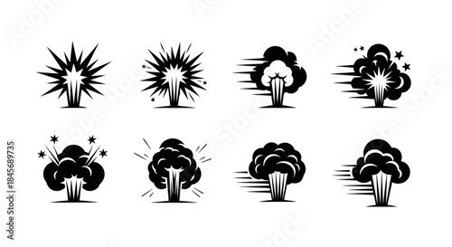 A collection of eight black and white illustrations depicting various explosion effects with motion lines and dynamic bursts on a plain white background for graphic design use.