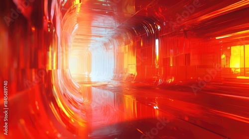 Fototapeta Naklejka Na Ścianę i Meble -  Abstract orange and red reflective corridor creating an immersive digital journey, symbolizing connection, innovation, and technological advancement towards a clear, glowing endpoint