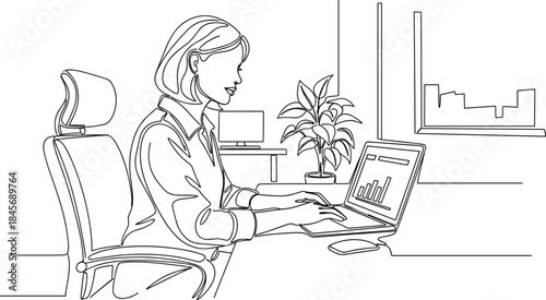 Single-Line Abstract Woman Engaged in Laptop Task.