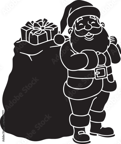 Jolly Santa Claus with Gifts: A silhouette of a cheerful Santa Claus stands beside a large sack overflowing with gifts, ready to spread holiday cheer and deliver presents.