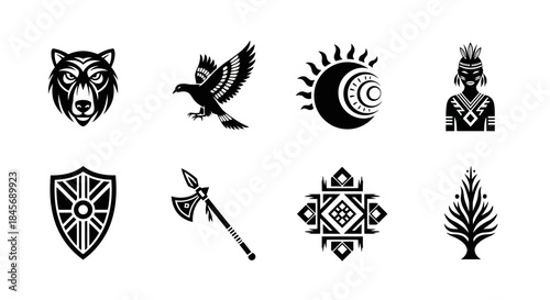 A collection of eight unique black tribal symbols and logos on a white background, including a bear, bird, sun, and shield.