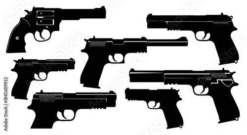 Six black handguns arranged in two rows on white background, showcasing various pistol designs and silhouettes.
