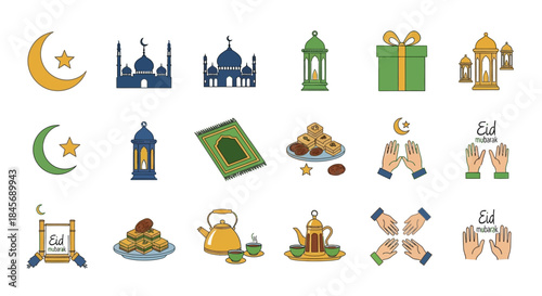 eid al fitr celebration flat design icons set with mosque, crescent moon, lantern, gift, food, prayer, and wishes, golden and green color scheme