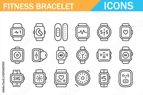 Fitness wearable device and tracker icons outline illustration