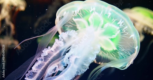 Bioluminescent jellyfish floating in dark underwater scene. Surreal Underwater Bioluminescent Worlds.