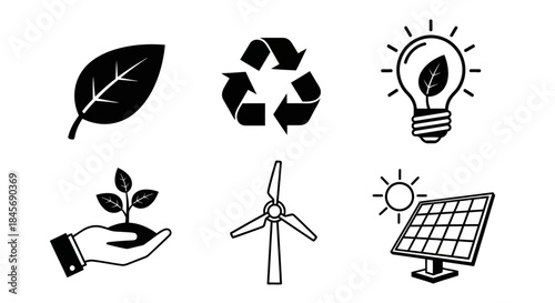 Eco friendly icons set including leaf, recycling symbol, light bulb, hand holding plant, wind turbine and solar panel on white background for sustainable energy and environmental conservation concept