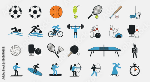 A collection of various sports icons in black, blue, and white on a white background, featuring activities like soccer, basketball, tennis, and cycling, with a minimalist flat design style.