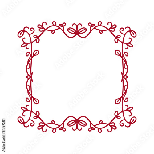 Hand drawn red wooden frame with decorative border, linear sketch style, clean whimsical pencil doodle.