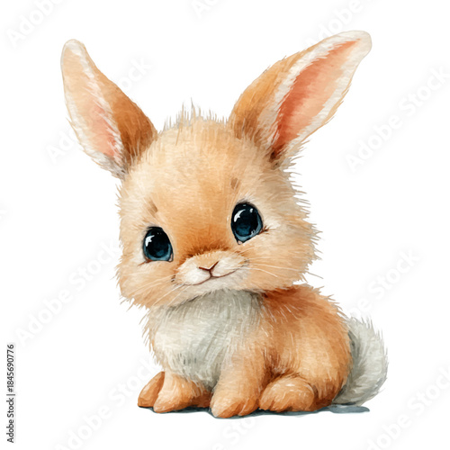Cute watercolor baby rabbit illustration with big blue eyes and fluffy brown fur, sitting calmly on a transparent background, soft pastel tones, innocent and adorable expression