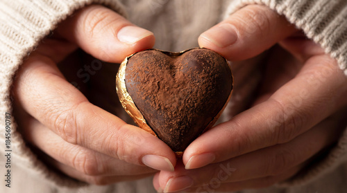 Top view of women's hands holding a heart-shaped chocolate candy