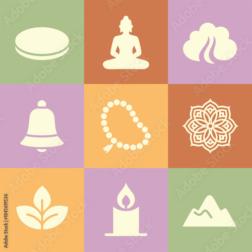 Spiritual lifestyle square icon collection, meditation pose candle leaf prayer beads mandala, mindfulness harmony concept, flat vector design