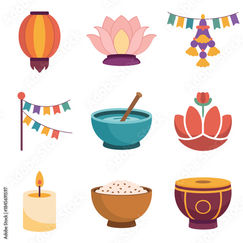 Buddhist festival decoration icon set, lantern prayer flags lotus bowl candle elements, cultural spiritual celebration, flat vector design