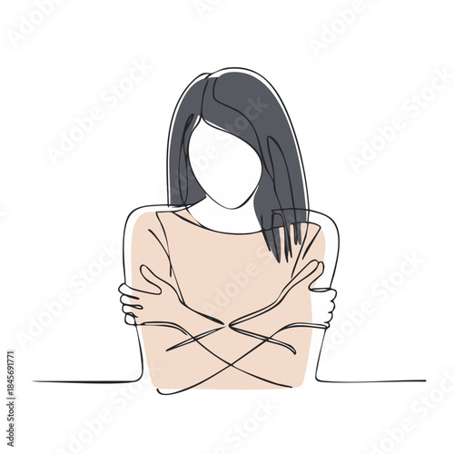 Minimalist line art illustration of a woman hugging herself, symbolizing self love, emotional healing, and mental health awareness. Clean modern style suitable for wellness and psychology themes.