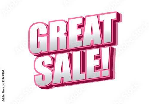 A bold and colorful graphic featuring the text Great Sale! in a three dimensional style with pink and white colors, ideal for promotional