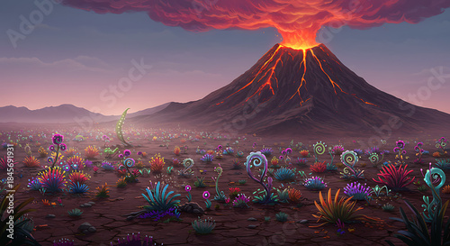 Erupting Volcano Landscape with Alien Plants