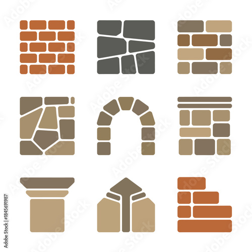 Stone architecture detail collection, brick arch column block wall elements, traditional masonry design, flat vector illustration