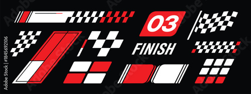 Racing cars and race car stripes showing bold motorsport graphics, checkered flag patterns, dynamic racing lines, tuning stickers, and sporty decals in vector style for digital design