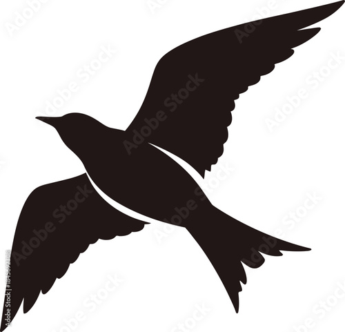 Graceful flying bird vector silhouette with wings spread soaring freely.