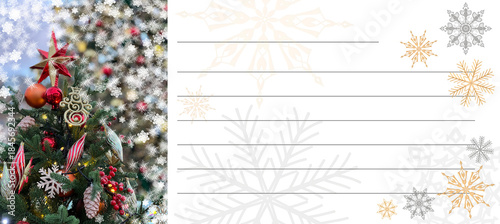 A form for invitations or messages during the winter holidays with a picture of a Christmas tree, lines and delicate snowflakes. Christmas and New Year. For printing.