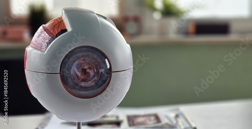A detailed model of an eye is showcased on a stand in a bright office concept