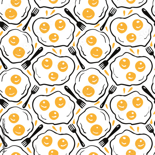 Seamless pattern with fried eggs and forks. Vector illustration.