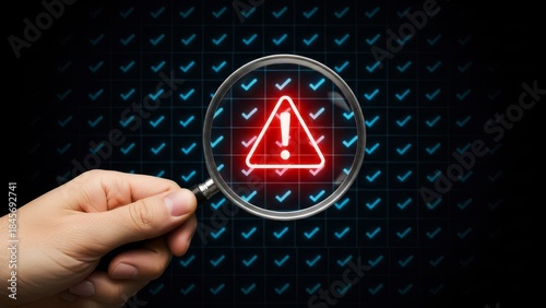 Magnifying glass warning sign digital concept problem detection analysis