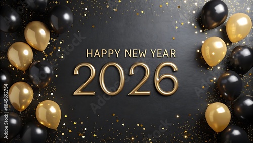 Elegant happy new year 2026 celebration with golden and black balloons and glitter