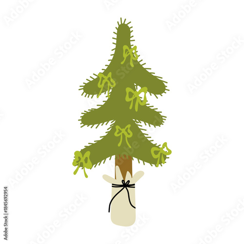 Vector illustration of a Sustainable Christmas tree with festive bows, wrapping, and organic presents.