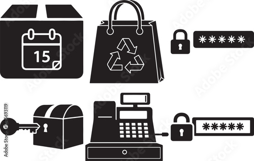 Delivery date recycled shopping bag password protected treasure chest cash register secure login black icons set