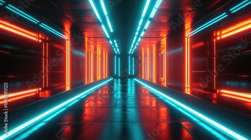 Fototapeta Naklejka Na Ścianę i Meble -  Futuristic light tunnel with glowing neon lines on walls and floor creating a dynamic abstract background, representing concepts of technology, digital networks, data flow, and modern connectivity