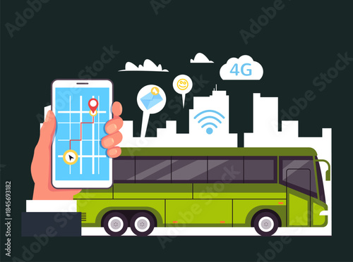 City bus with wi-fi online technology wireless concept. Vector cartoon graphic design element illustration	