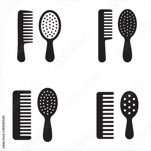 Set of Hairbrush and Comb Icons for Grooming and Beauty