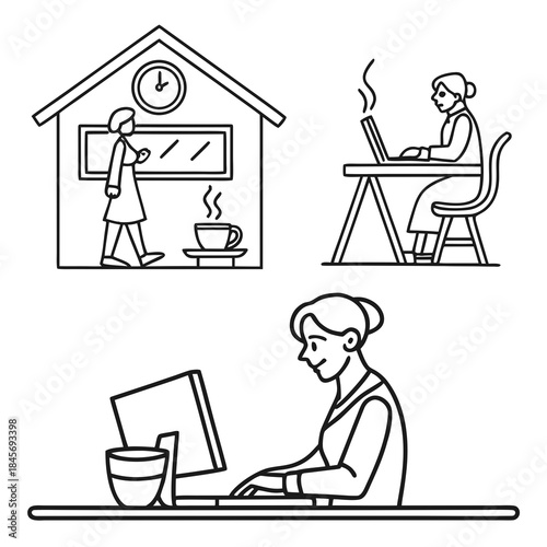 Collection of line art illustrations depicting women working remotely and in office environments, including a person at a desk with a computer and another with a laptop