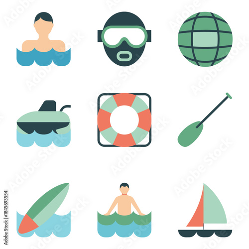 Recreation water sport icon collection, swimmer goggles surfboard kayak paddle boat, leisure activities, flat vector illustration, set icons