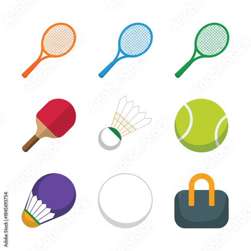 Racket game equipment icon collection, tennis badminton ping pong rackets balls shuttlecocks, sports activity, flat vector design