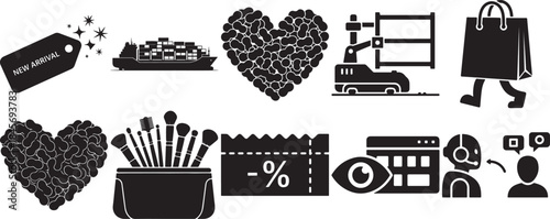 Set of e-commerce and retail icons featuring elements like new arrival tag, cargo ship, heart, makeup brushes, discount, shopping