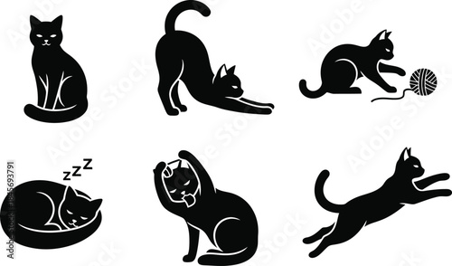 Black cat silhouettes in various playful and relaxed poses